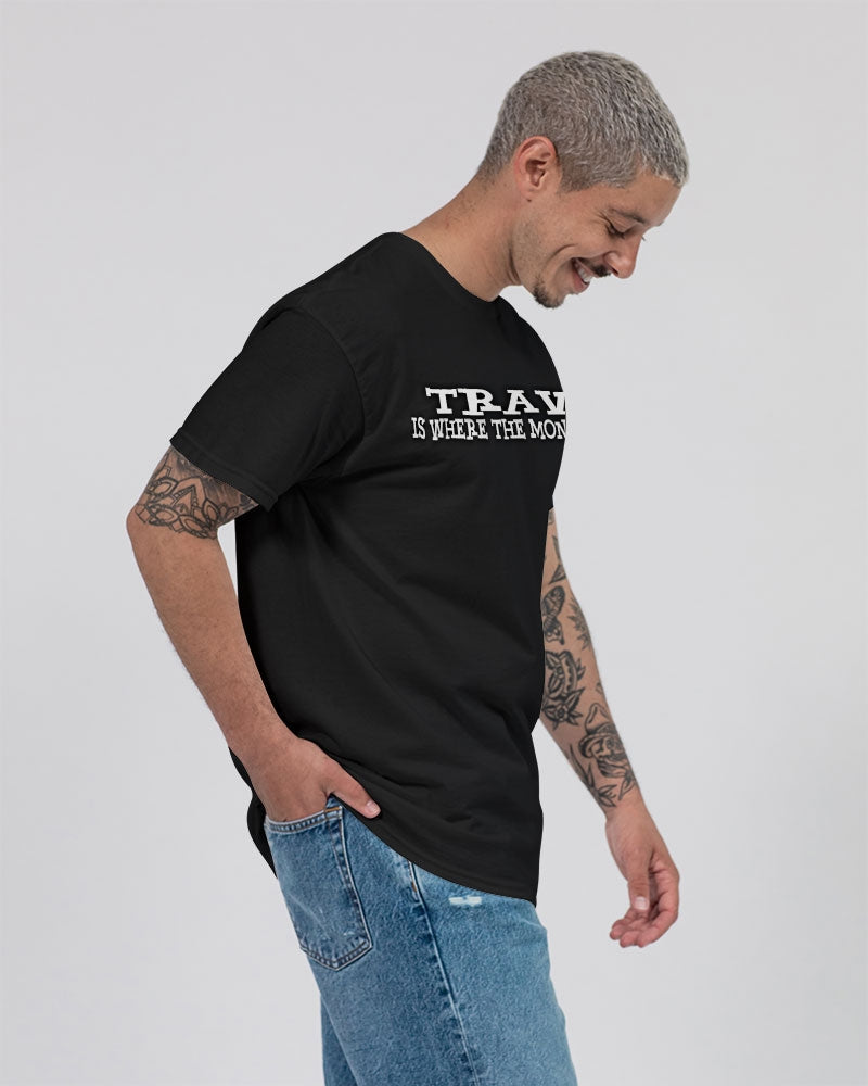 Travel is where the Money Resides - White Font Unisex Ultra Cotton T-Shirt | Gildan