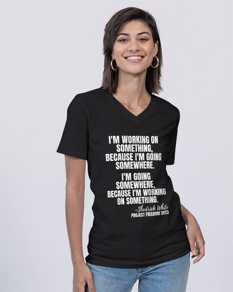 I'm Working On Something - White Unisex Jersey V-Neck Tee | Bella + Canvas
