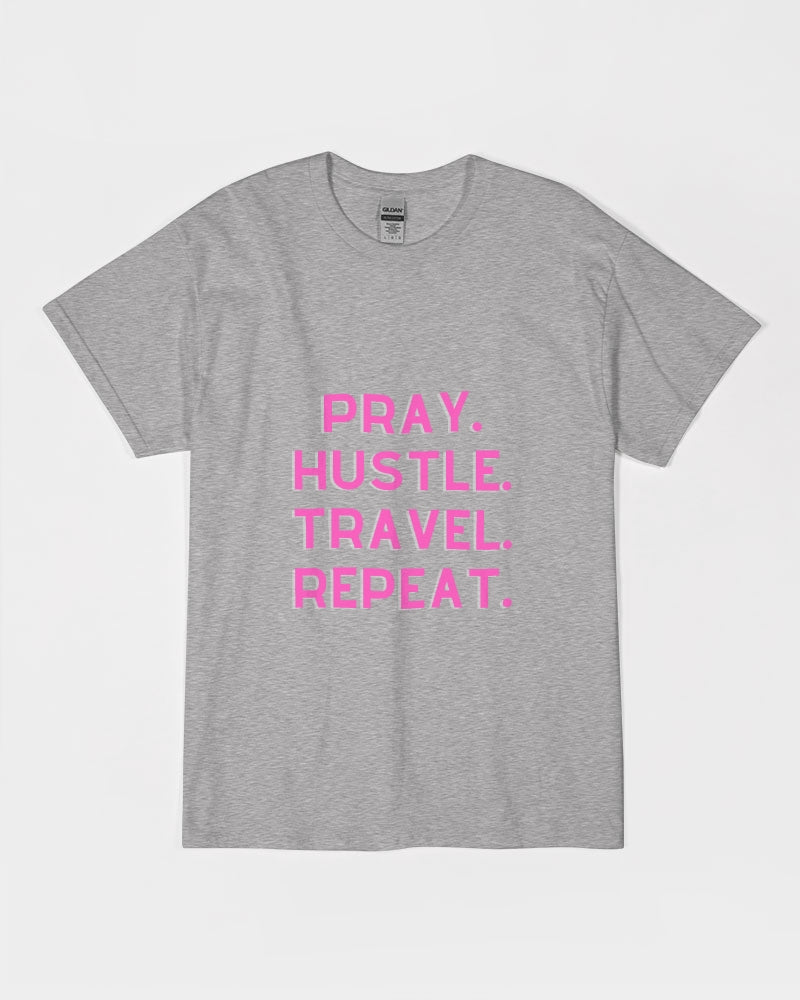 Pray Hustle Travel Repeat - Gray Shirt / Pink Font Unisex Ultra Cotton T-Shirt | Gildan