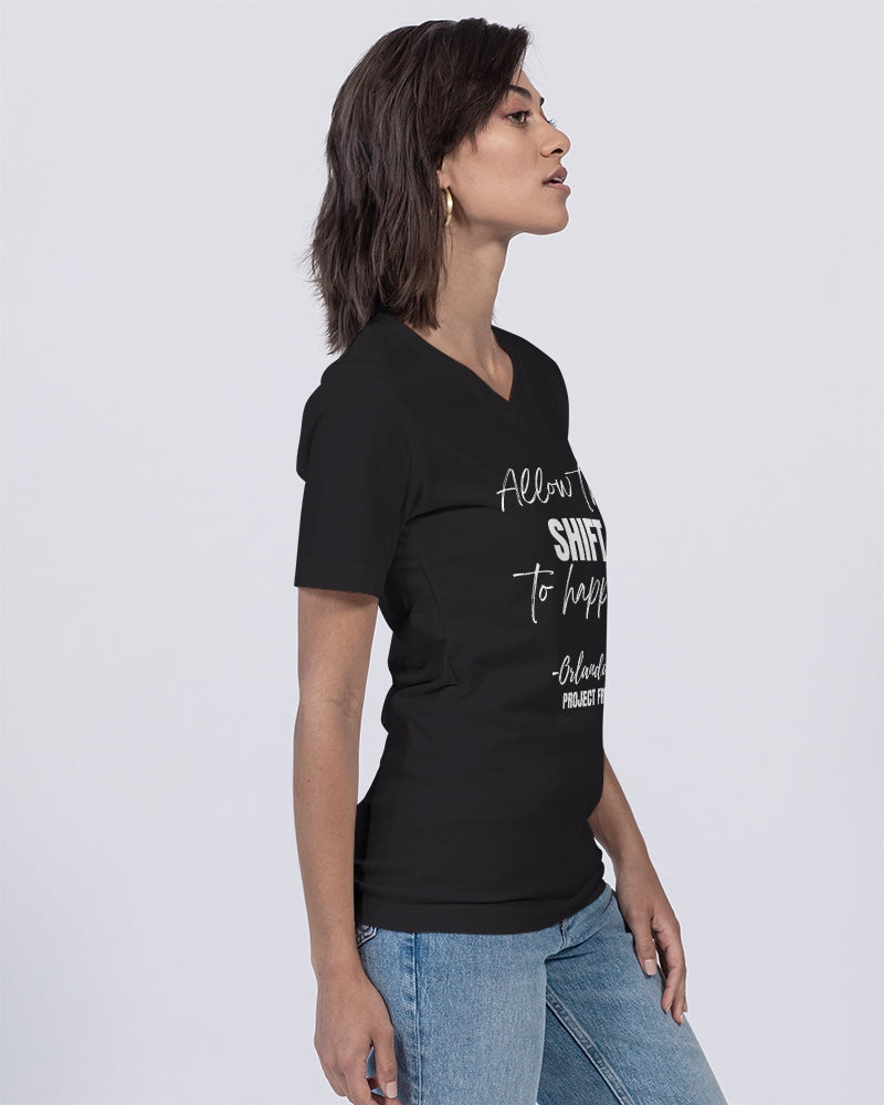 Allow the SHIFT to happen - White Unisex Jersey V-Neck Tee | Bella + Canvas
