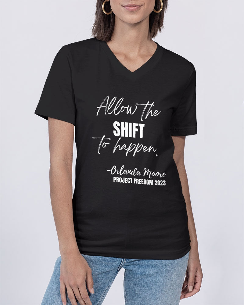Allow the SHIFT to happen - White Unisex Jersey V-Neck Tee | Bella + Canvas