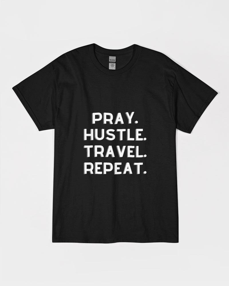 Pray Hustle Travel Repeat - White Font Unisex Ultra Cotton T-Shirt | Gildan
