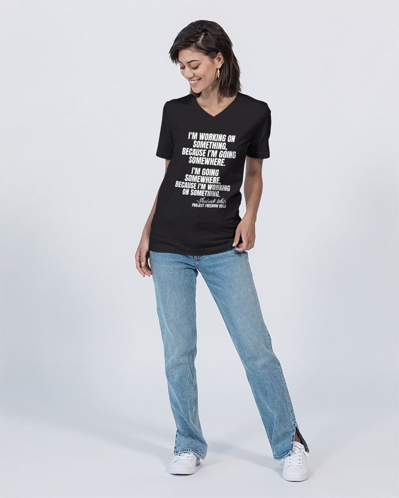 I'm Working On Something - White Unisex Jersey V-Neck Tee | Bella + Canvas