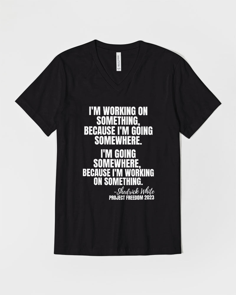 I'm Working On Something - White Unisex Jersey V-Neck Tee | Bella + Canvas