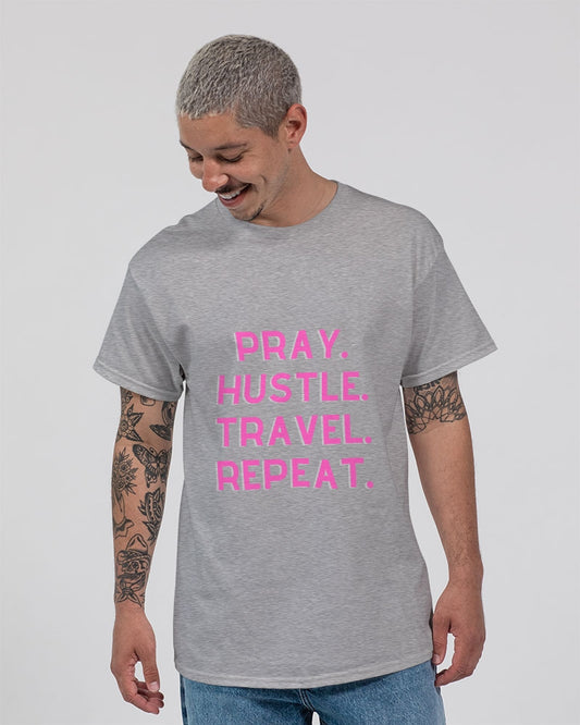 Pray Hustle Travel Repeat - Gray Shirt / Pink Font Unisex Ultra Cotton T-Shirt | Gildan