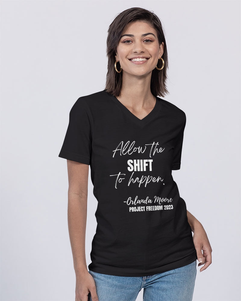 Allow the SHIFT to happen - White Unisex Jersey V-Neck Tee | Bella + Canvas