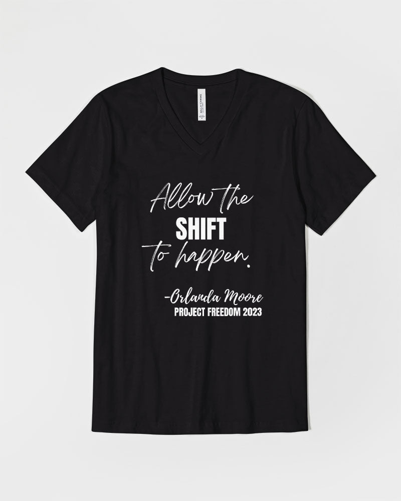 Allow the SHIFT to happen - White Unisex Jersey V-Neck Tee | Bella + Canvas