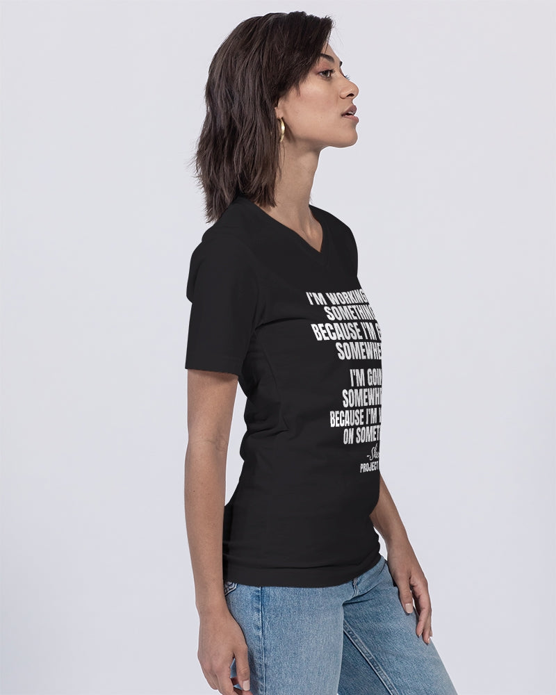 I'm Working On Something - White Unisex Jersey V-Neck Tee | Bella + Canvas