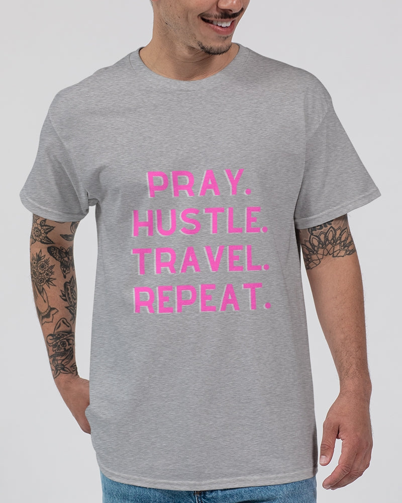 Pray Hustle Travel Repeat - Gray Shirt / Pink Font Unisex Ultra Cotton T-Shirt | Gildan