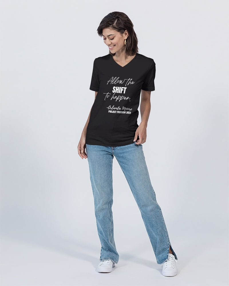 Allow the SHIFT to happen - White Unisex Jersey V-Neck Tee | Bella + Canvas