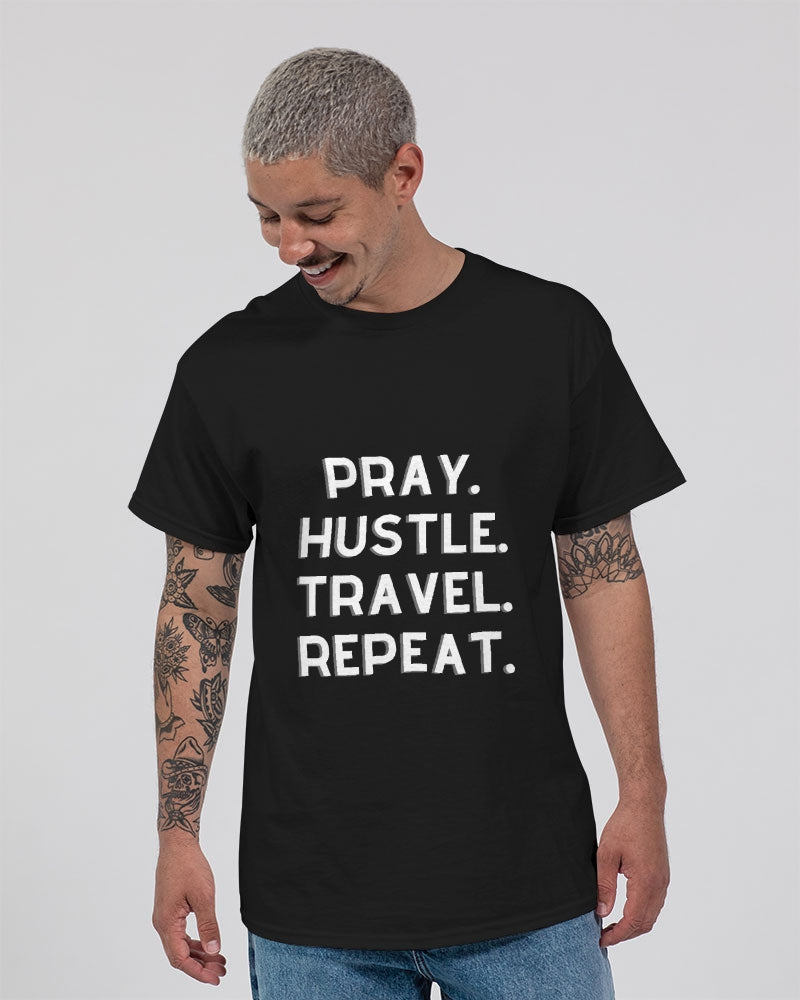 Pray Hustle Travel Repeat - White Font Unisex Ultra Cotton T-Shirt | Gildan